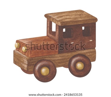 Wooden Car Watercolor illustration. Hand drawn clip art on white isolated background. Drawing of kids Toy machine. Painting of suv auto for childrens prints and stickers