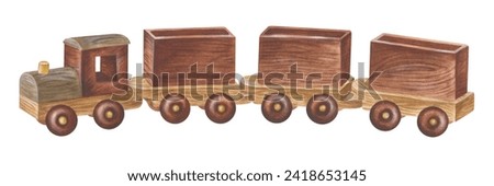 Toy Train Watercolor illustration. Painting of Baby steam Locomotive. Hand drawn clip art on white isolated background. Drawing of retro kid things. Sketch of a Wooden eco car with empty carriages
