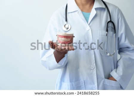 Doctor, female dentist holding a stethoscope holding a dental model being diagnosed Protecting patients' dental hygiene using X-ray technology Health professional on white background.