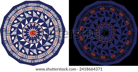 A blue and red circular design on a black and white background. Blue and  red mandala in vector  with colored details on black and white background

