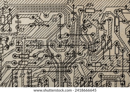 Old radio circuit printed on vintage paper electricity diagram as background for education, electricity industries. Electric radio scheme from USSR