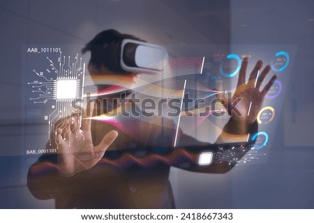 Technology VR glassed and AI technology concept, People use VR glassed with AI technology analysis on visual screen, Intelligence and business analytics with key performance indicators Royalty-Free Stock Photo #2418667343