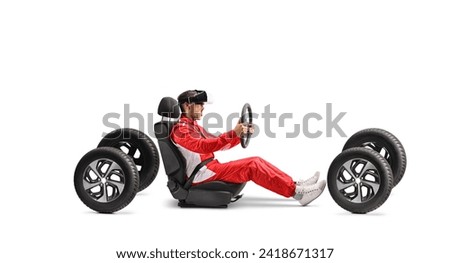 Racer with a VR headset driving on four tires isolated on white background