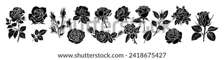 Set of black silhouettes of decorative rose.