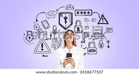 Happy dreaming woman look up at different doodle sketch, cybersecurity symbols with locks and password. Concept of internet security, data protection and privacy