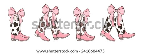 Draw vector illustration coquette cowgirl boots Cherry bows Soft girl Trendy girly Cow print For valentines day Doodle cartoon style