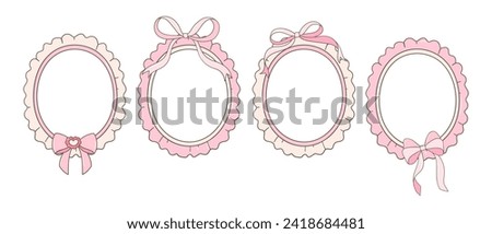 Draw vector illustration coquette pink bows with vintage frame Soft girl Trendy girly Doodle cartoon style