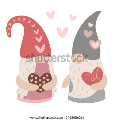 Cute gnome Valentines clipart. Valentines day clipart. Gnome love in cartoon flat style. Vector illustration.