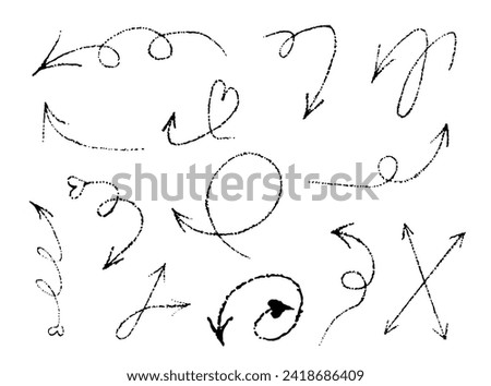 Set of arrows, vector illustration in doodle style and sketch in technique, dotwork, tattoo, sticker for design and decoration, black dots on a white background