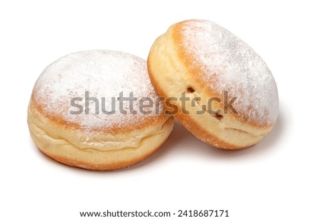 Pair of fresh baked Berliner donuts covered with white sugar close up isolated on white background