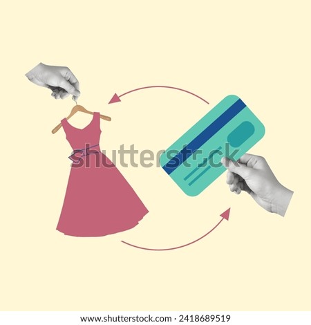 A hand with a bank card buys a dress. Pay online concept. Contemporary art collage. Copy space.
