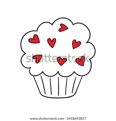 Happy Valentine's Day. Hand drawing vector illustration doodle style. Illustration of a cupcake with cream and sprinkles in the shape of hearts. Vector clip art. Outline drawing. Doodle illustration