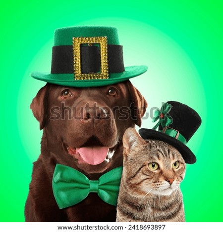 St. Patrick's day celebration. Cute dog and cat with leprechaun hats on green background