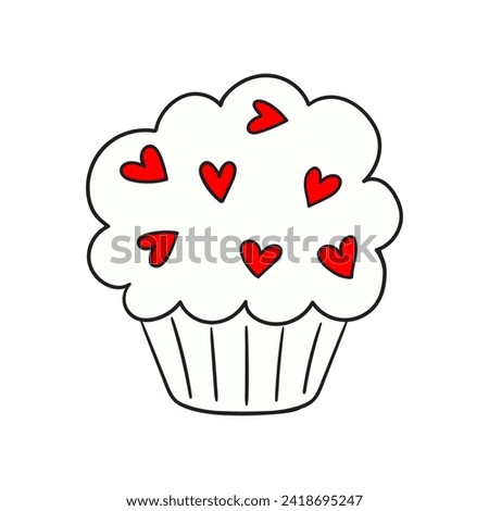 Happy Valentine's Day. Hand drawing vector illustration doodle style. Illustration of a cupcake with cream and sprinkles in the shape of hearts.  clip art. Outline drawing. Doodle illustration
