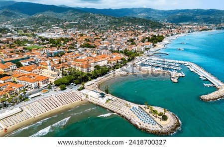 Aerial view of the village of Diano Marina on the Italian Riviera in the province of Imperia, Liguria, Italy Royalty-Free Stock Photo #2418700327