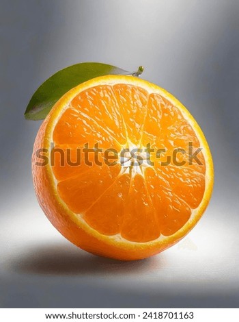 This photo showcases a fresh and juicy orange with a green leaf attached to its stem, indicating its natural origin. The orange is sliced open to reveal its delicious pulp.4k hd image of orange. Royalty-Free Stock Photo #2418701163