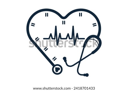 Stethoscope heart Clock Vector, Stethoscope Heart Clock Concept Illustration, Stethoscope Clock Graphic, Stethoscope Heart Shape Vector, Love shape Clock Illustration, Heart Beat