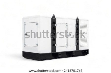 Mobile and standby industrial white auxiliary diesel generator for emergency power supply isolated on a white background. Generator backup power. For emergency use of electricity Royalty-Free Stock Photo #2418701763