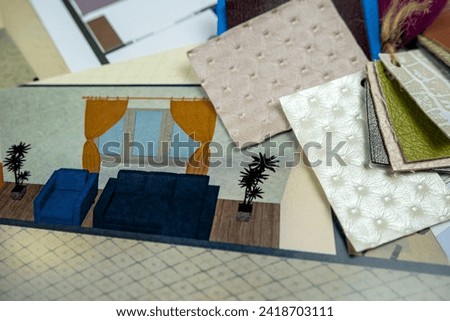 wooden material samples on house project sketch. design concept