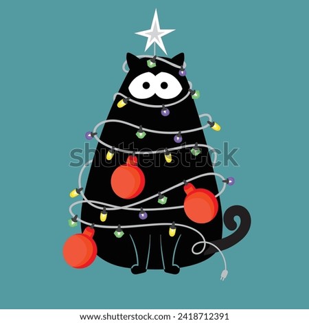 Cute cartoon black cat illustration.The naughty cat is entangled in the New Year's lights.Cute graphic for children's t shirts and books.Christmas cat vector.Funny new year greeting card.Confused cat
