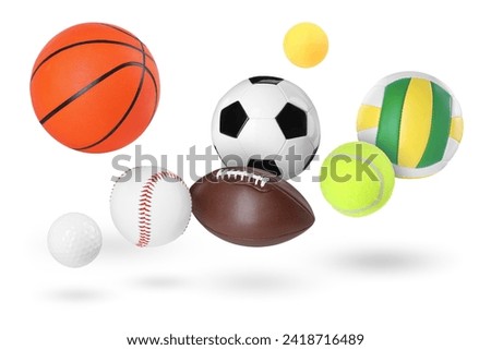 Many balls for different sports flying on white background Royalty-Free Stock Photo #2418716489
