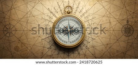 Magnetic old compass on world map. Travel, geography, history, navigation, tourism and exploration concept background. Retro compass on geography map. Royalty-Free Stock Photo #2418720625