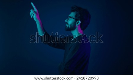 Infographic hologram editing template ultraviolet background Arabian man hi-tech internet technology worker thinking coder programmer coding touch air space like virtual screen click icon text file