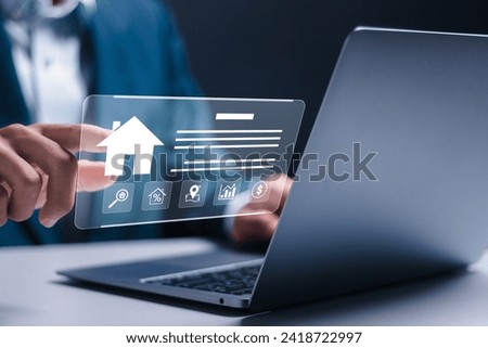 Real estate offers for sale and house for rent concept. Businessman use laptop to analyzing mortgage loan home for planning to buy or rent property.
