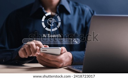 Ai search tech concept, Person use smartphone and laptop with AI search engine bar for data search optimization by artificial intelligence technology.