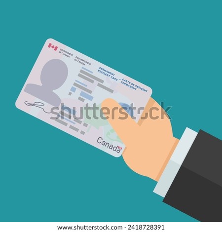 A hand presents a permanent resident card of Canada on a blue background in flat design style