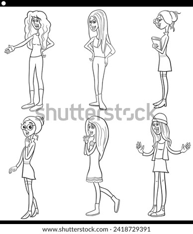 Cartoon illustration of funny young women characters caricature set coloring page