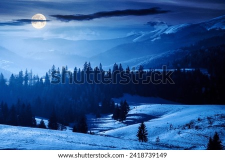 countryside winter scenery in carpathian mountains at night. landscape with forested snow covered hills in full moon light. podobovec, ukraine Royalty-Free Stock Photo #2418739149