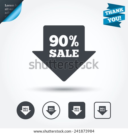 90% sale arrow tag sign icon. Discount symbol. Special offer label. Circle and square buttons. Flat design set. Thank you ribbon. Vector