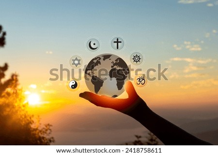 Prophets of all religions bring peace to world. Religious symbols. Christianity cross, Islam crescent, Buddhism dharma wheel, Hinduism aum, Judaism David star, Taoism yin yang, world religion concept.