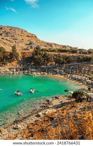 Secluded Agios Pavlos beach in Saint Paul's Bay in Rhodes. Royalty-Free Stock Photo #2418766431