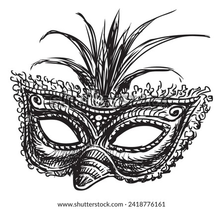 Sketch of single decorative carnival facial mask for masquerade, party, vector sketch isolated on white