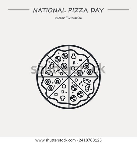 National Pizza Day, February 9. Vector outline icon. Different kinds of slice round pizza. Top view. Royalty-Free Stock Photo #2418783125