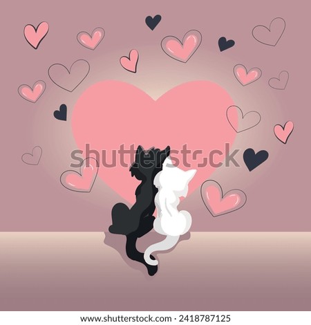 vector illustration for Valentine's day. a black cat and a white cat with pink hearts.