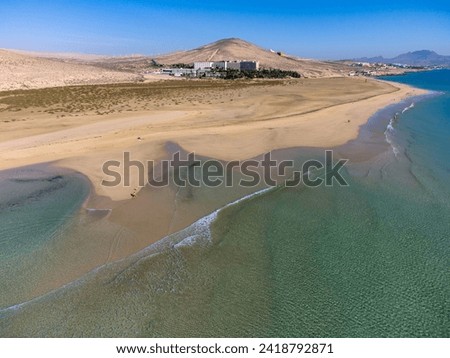 Aerial view on sandy dunes and blue turquoise water of Sotavento beach, Costa Calma, Fuerteventura, Canary islands, Spain in winter