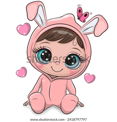 Cute cartoon child in a pink bunny costume