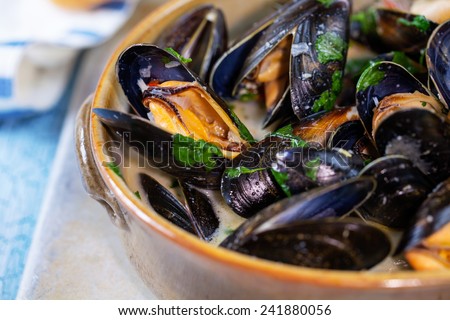Steamed mussels in white wine sauce  Royalty-Free Stock Photo #241880056