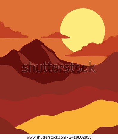 Sunset In The Orange Mountains Abstract Minimalist Art Vector Illustration