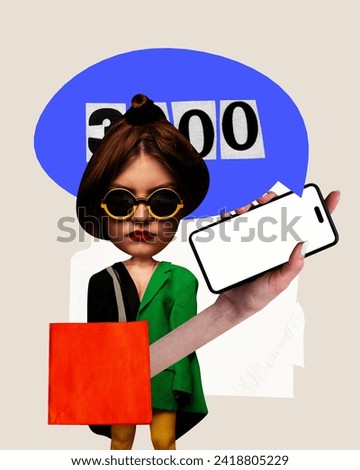 Modern aesthetic artwork. Stylishly dressed woman with huge head holds phone with blank screen and shows number 3000 in speech bubble. Surrealist collage. Concept of sales season, digital marketplace,