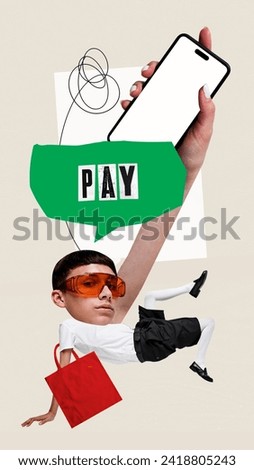 Modern aesthetic artwork. Surrealistic collage. Man in orange glasses and white shirt, with dynamic posture, holds smartphone adjacent to Pay speech bubble. Concept of mobile transactions.