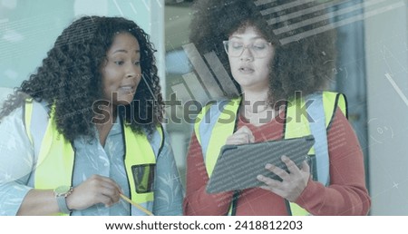 Image of statistics and data processing over diverse female architects in office. Global architecture, business, connections, computing and data processing concept digitally generated image.