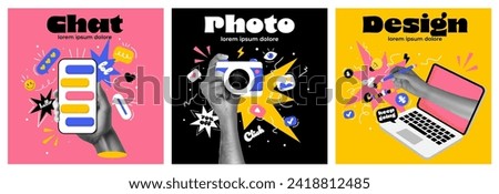 Business process. Contemporary art collage made of shots of hands working hardly isolated over colored background, Concept of art, finance, career, co-workers, team. Vector illustration