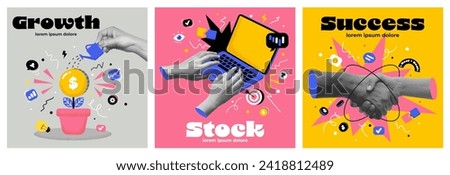 Contemporary art collage. Employees working, overcoming difficulties, moving to success, creating profitable ideas. Concept of business, teamwork, achievement, challenges. Vector Illustration Royalty-Free Stock Photo #2418812489