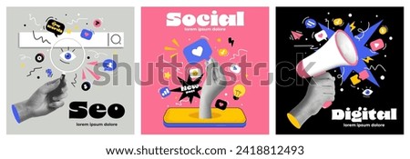 Set of collage elements with Marketing elements and hands. Modern illustration with hands coming out of phones and showing different gestures. Retro banner with cut out paper elements. Vector