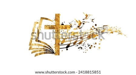 Golden christian cross with music notes isolated vector illustration. Religion themed background. Design for gospel church music, choir singing, concert, festival, Christianity, prayer