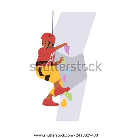 Child cartoon character wearing climbing gear bouldering artificial rock wall hanging on rope